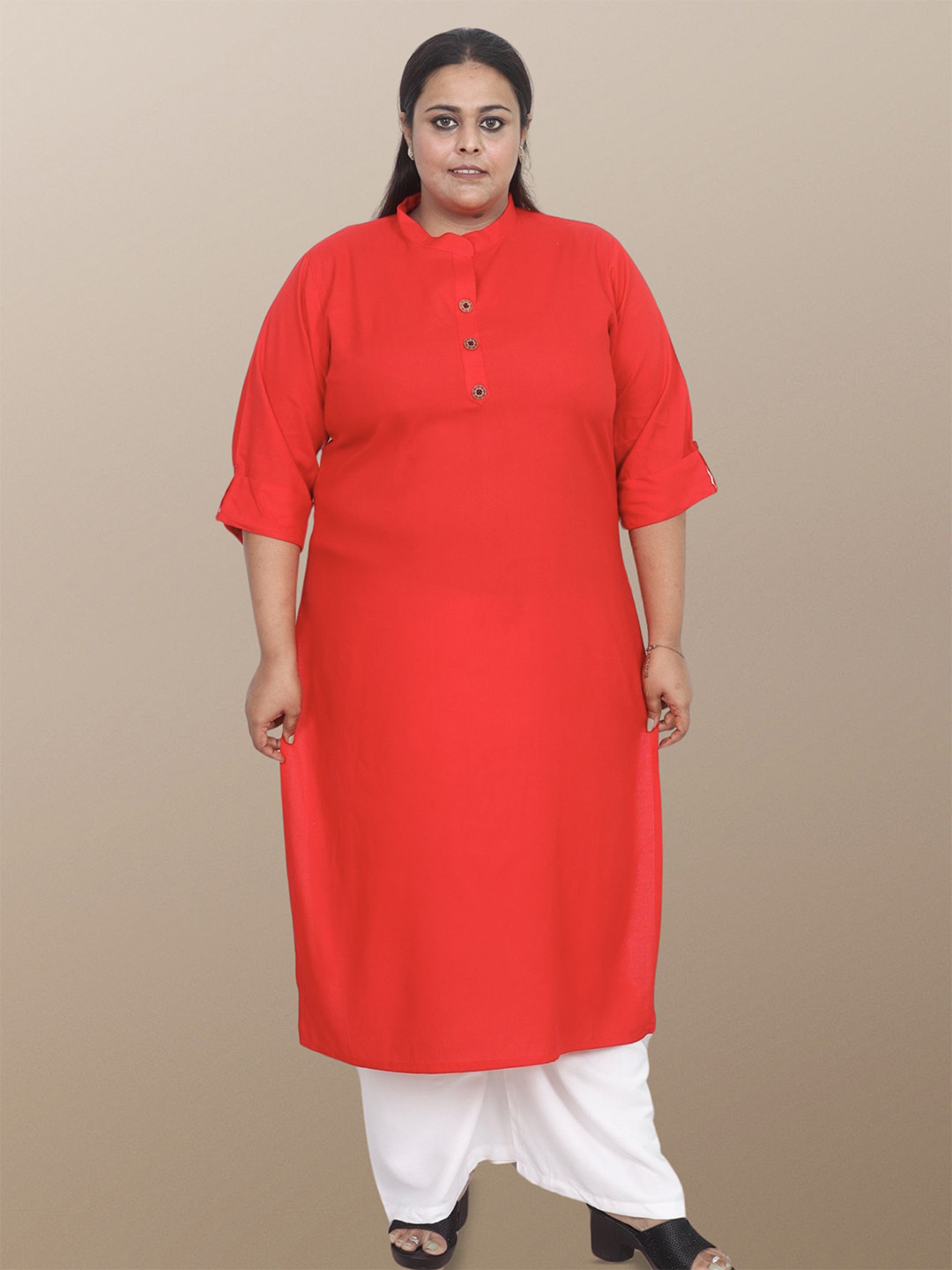 myplusfashion Women Three-Quarter Sleeves Straight Kurta Plus Size