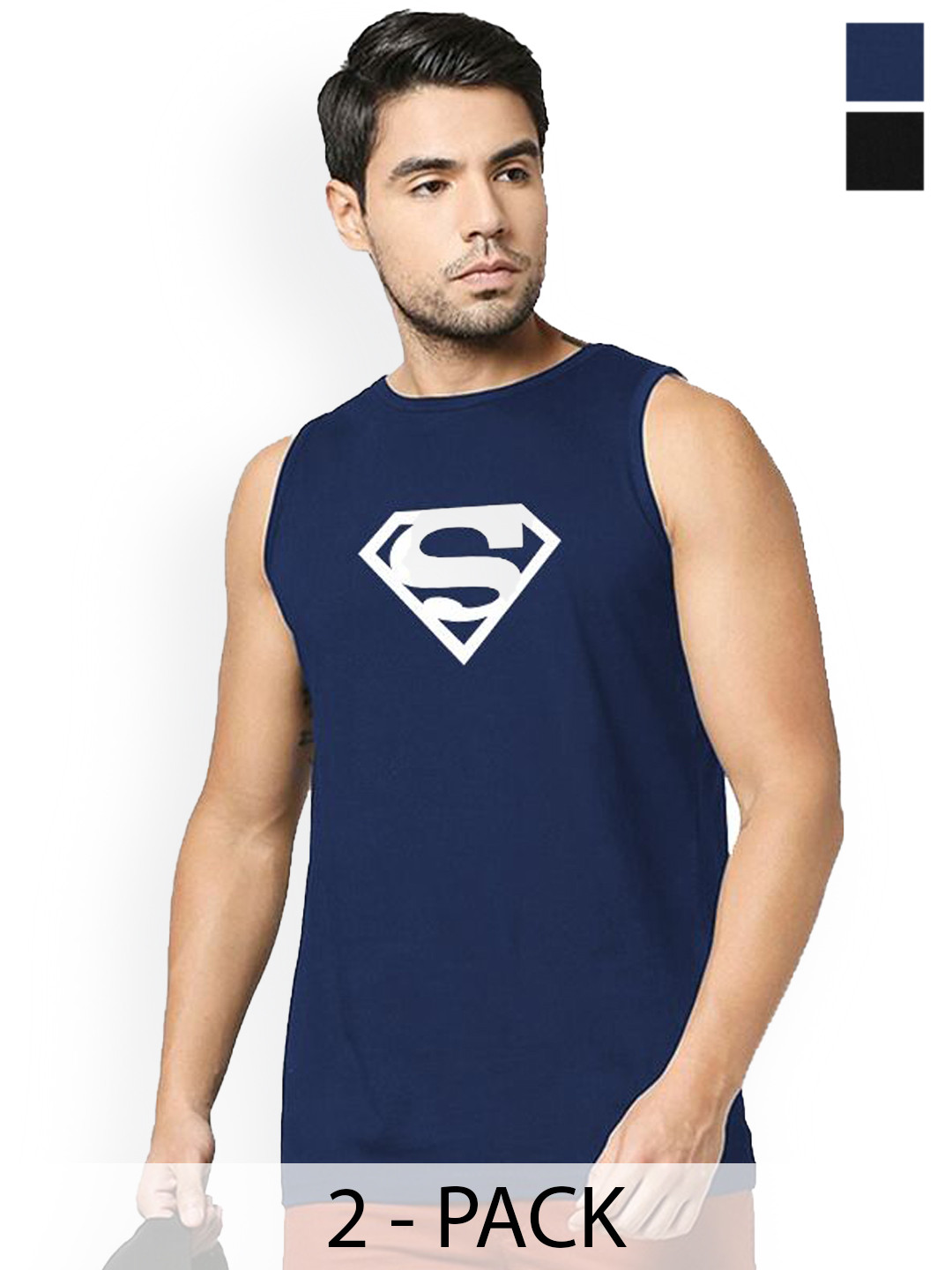 Organic Chics Pack Of 2 Printed Cotton Innerwear Vests Black Avenger-Navy Superman_S
