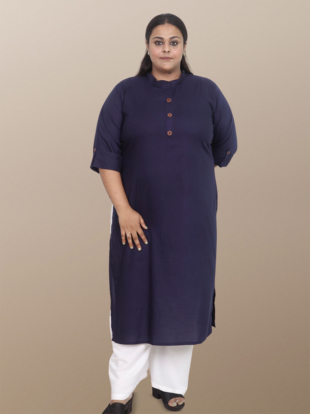 myplusfashion Women Solid Roll-Up Sleeves Plus Size Straight Kurta