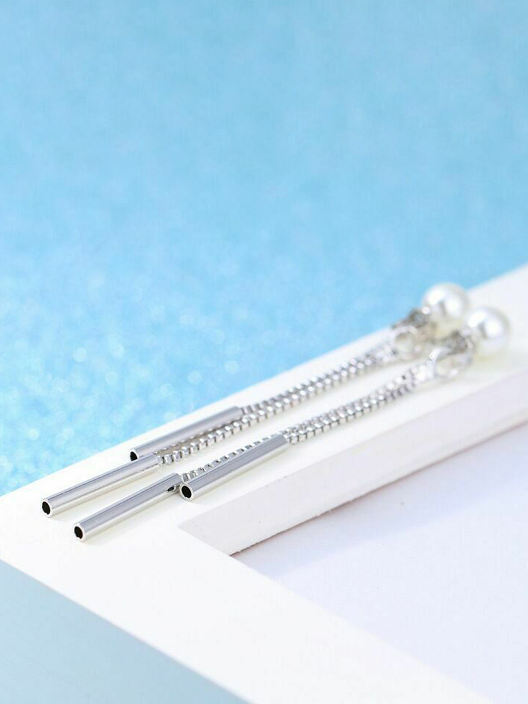 Bling Queen Silver Plated Cubic Zirconia Studded & Pearls Contemporary Drop Earrings