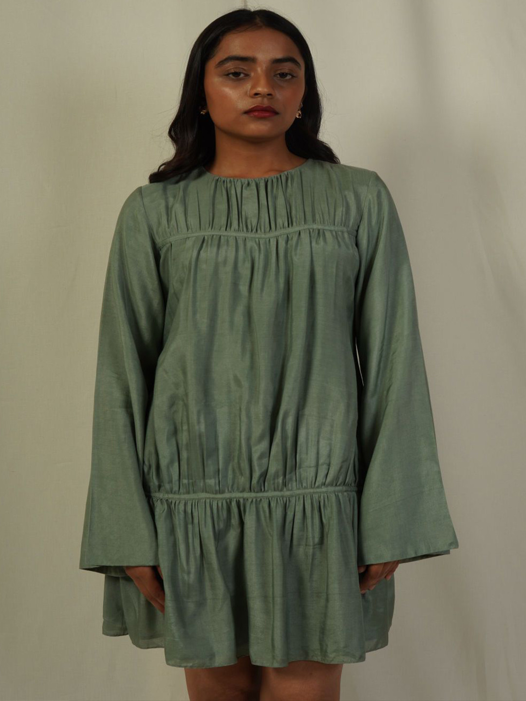 Hemis Women Round Neck Flared Sleeve Empire Mini Cotton Dress