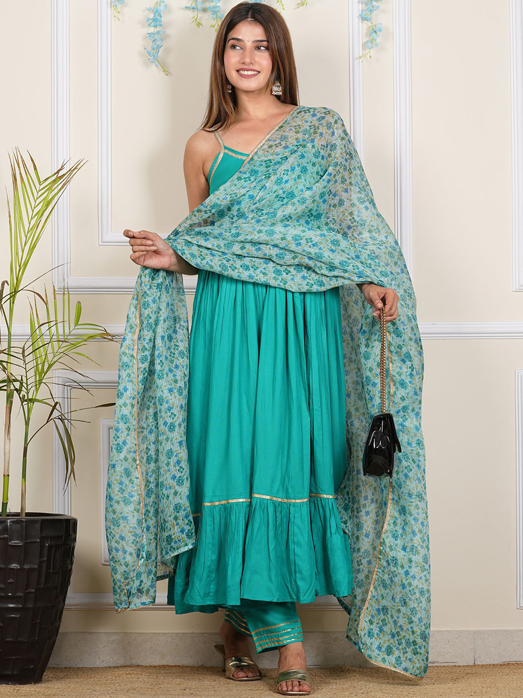 Indi INSIDE Shoulder Straps Gotta Patti Pleated Anarkali Kurta With Trousers & Dupatta
