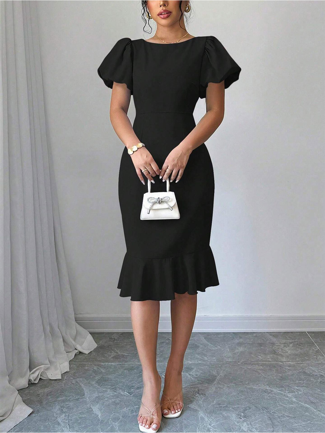 Solid Black Puff Sleeve Ruffles Detail Knee Length Dress