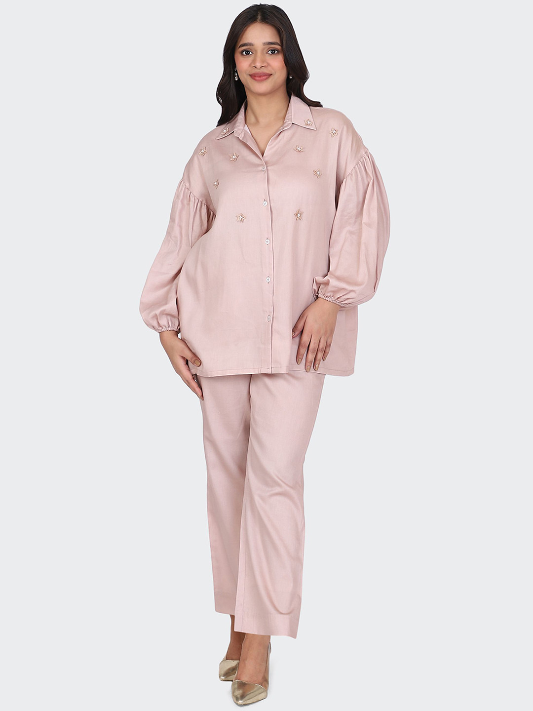 HUE & HIDE Embroidered Pure Cotton Shirt & Trousers Co-ords