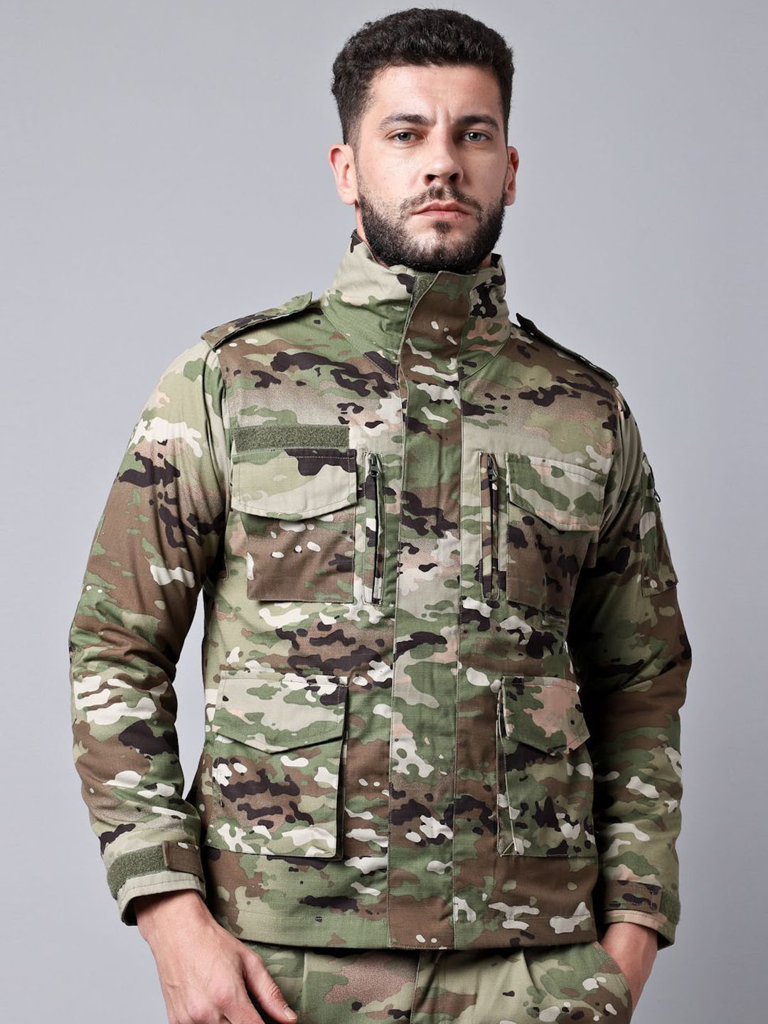 MOUNTMILLER Men's Full Sleeve Hooded Neck Multicam 3-Layer Brigadier Jacket