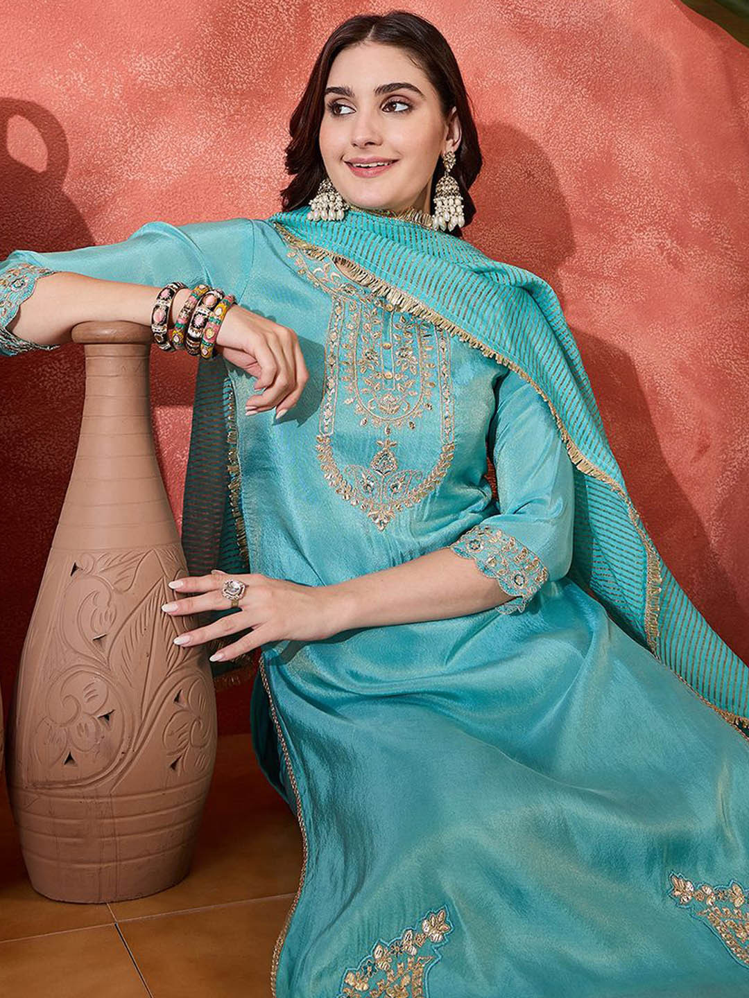 Sangria Women Embroidered Zari Sequence Round Neck Kurta Pant With Dupatta Set