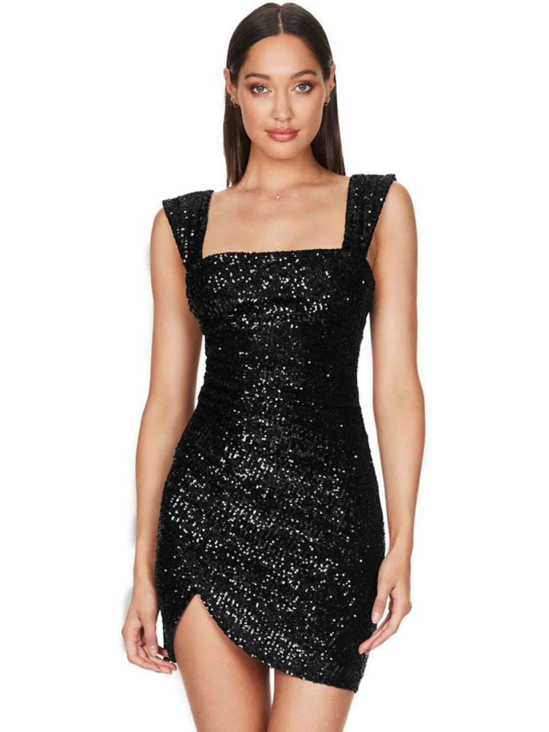 Black Sequin Square Neck Bodycon Mini Dress