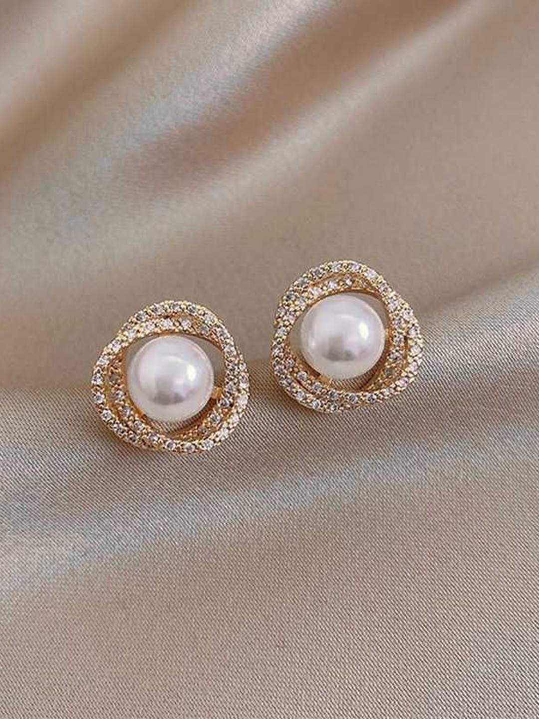 Bling Queen Stainless Steel Artificial Stones Studded & Pearls beaded Spiral Square Studs
