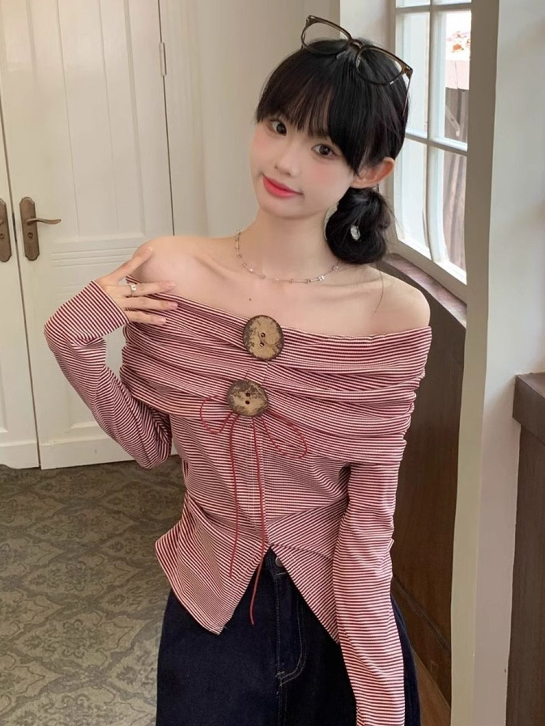 KPOP Women Horizontal Stripes Off-Shoulder Bow Top