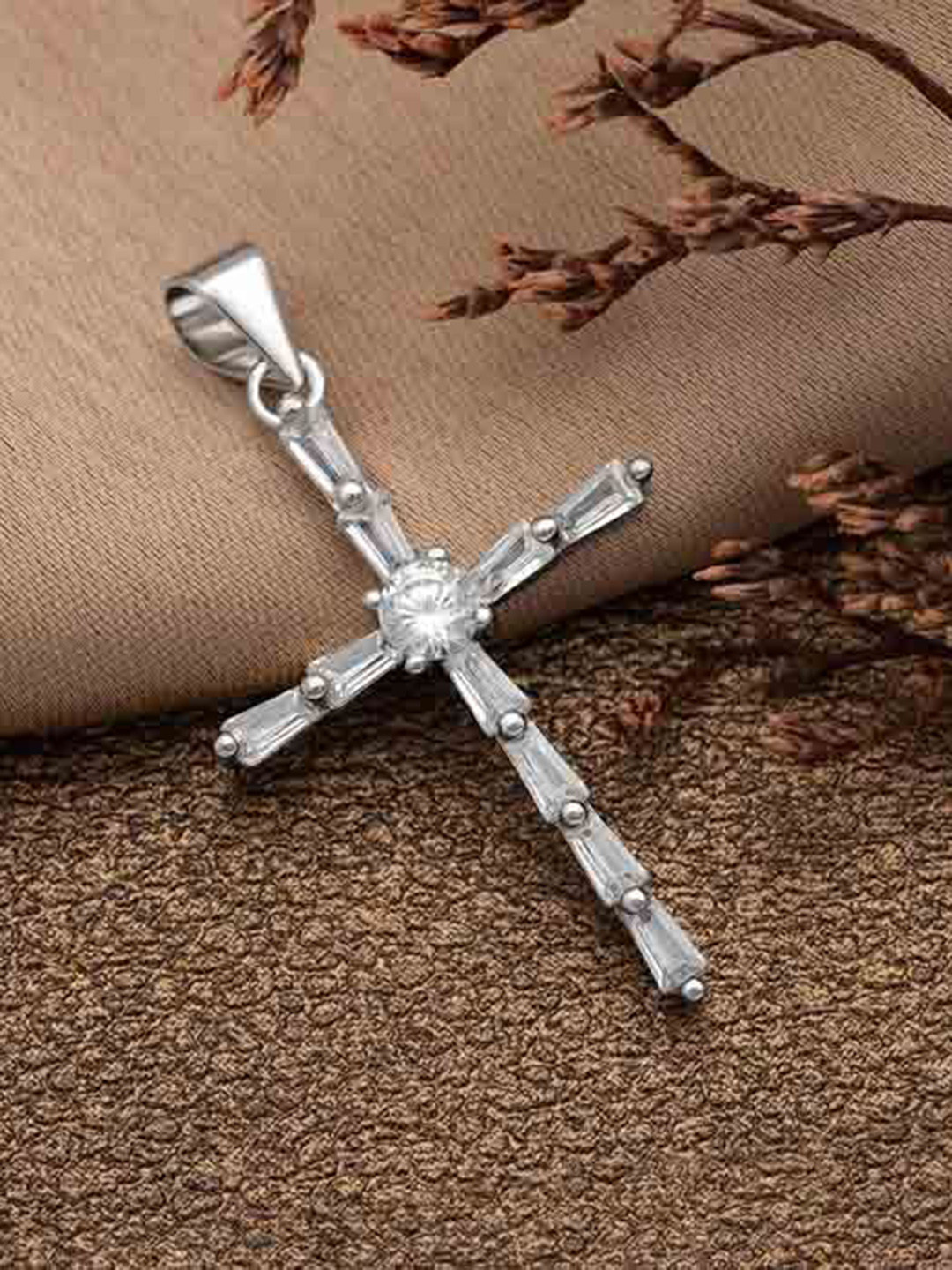SILBERRY 925 Sterling Silver Rhodium-Plated CZ Studded Layered Cross Pendants