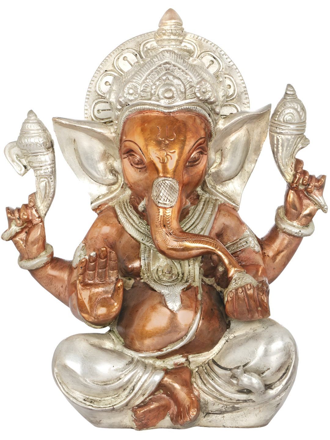 Exotic India Lord Ganesha Enjoying Modak Silver Brass Metallic Prayer Room Hand Made Medium Showpiece - 8.5 Inches