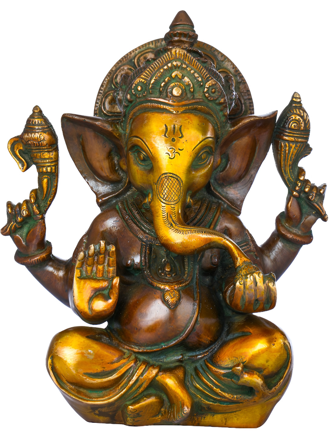 Exotic India Lord Ganesha Idol Enjoying Modak Gold Brass Metallic Prayer Room Hand Made Medium Showpiece - 8.5 Inches