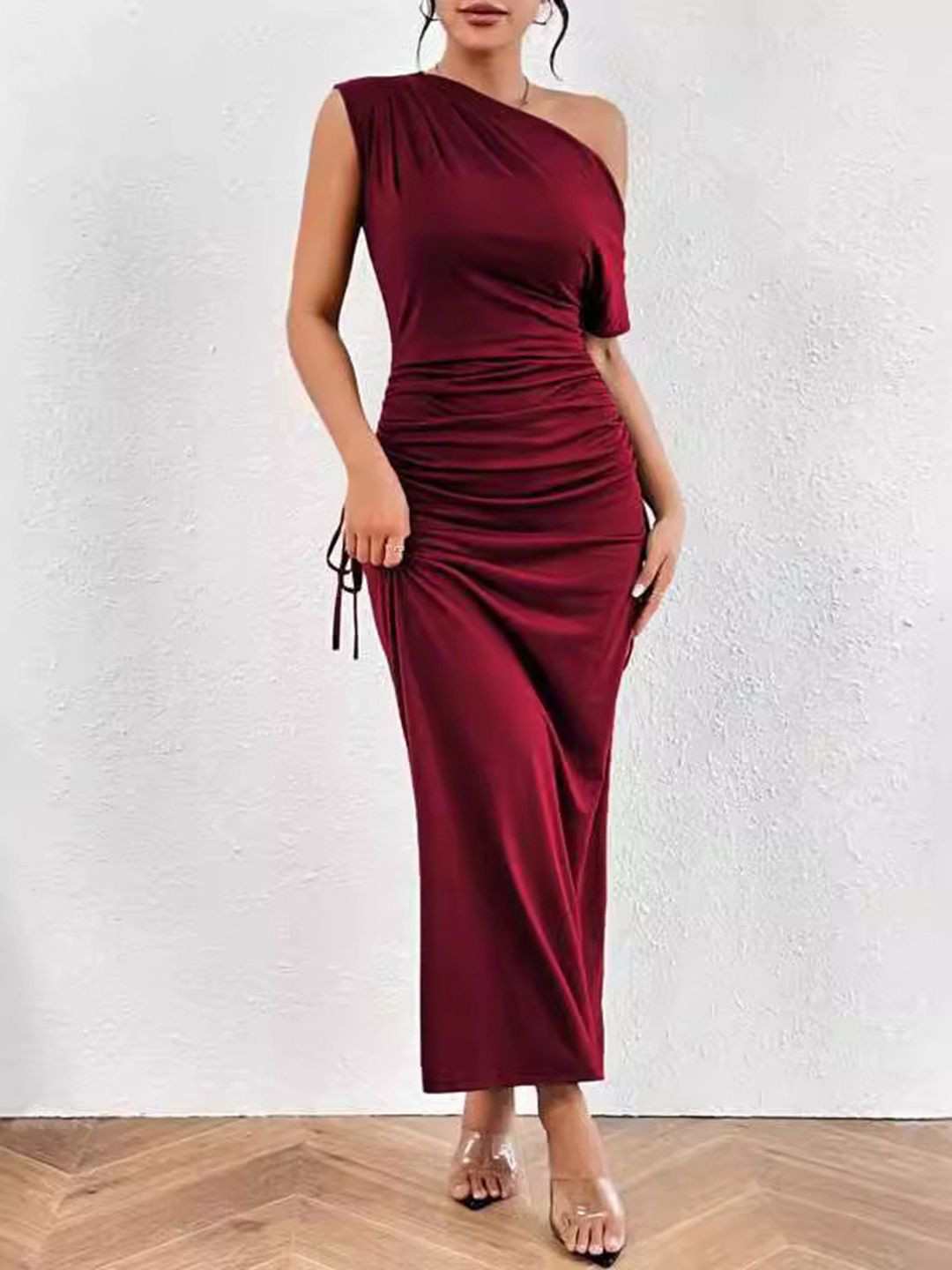bebe Maroon One-Shoulder Draped Ruched Maxi Dress