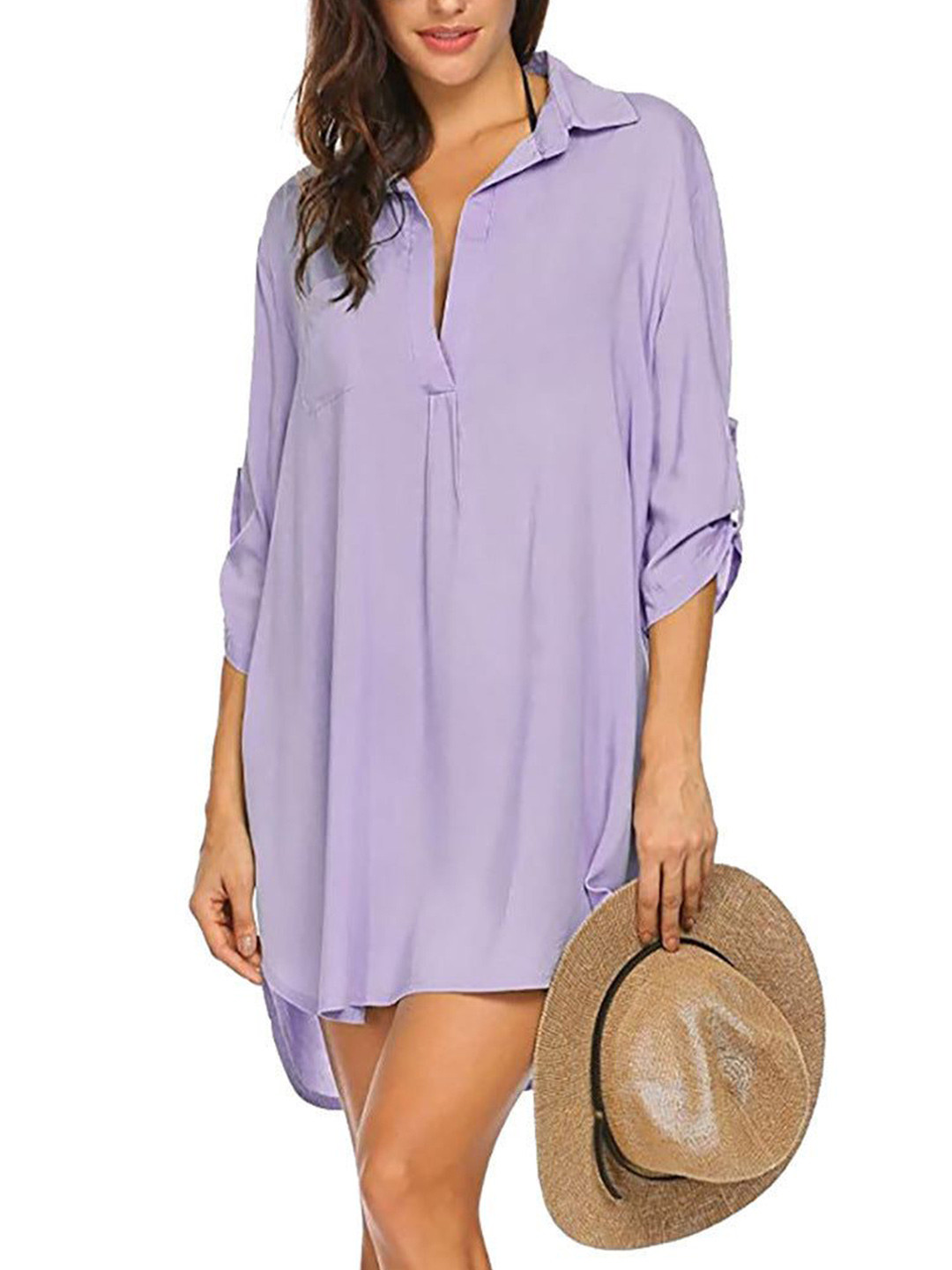 Outzidr Purple Apple Hem Shirt Dress