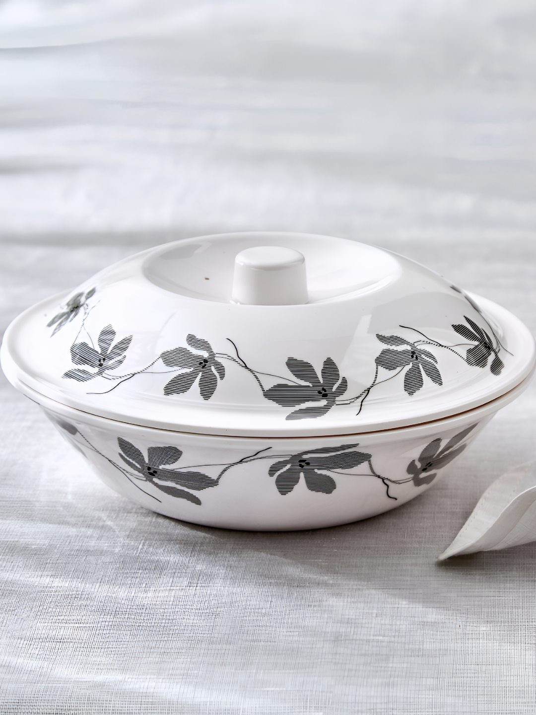 Home Centre Meadows Monochrome White Melamine Dishwasher Safe Serving Bowl With Lid-1.4L
