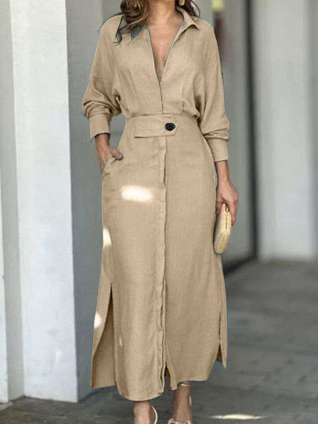 Outzidr Beige Shirt Dress With Side Slit