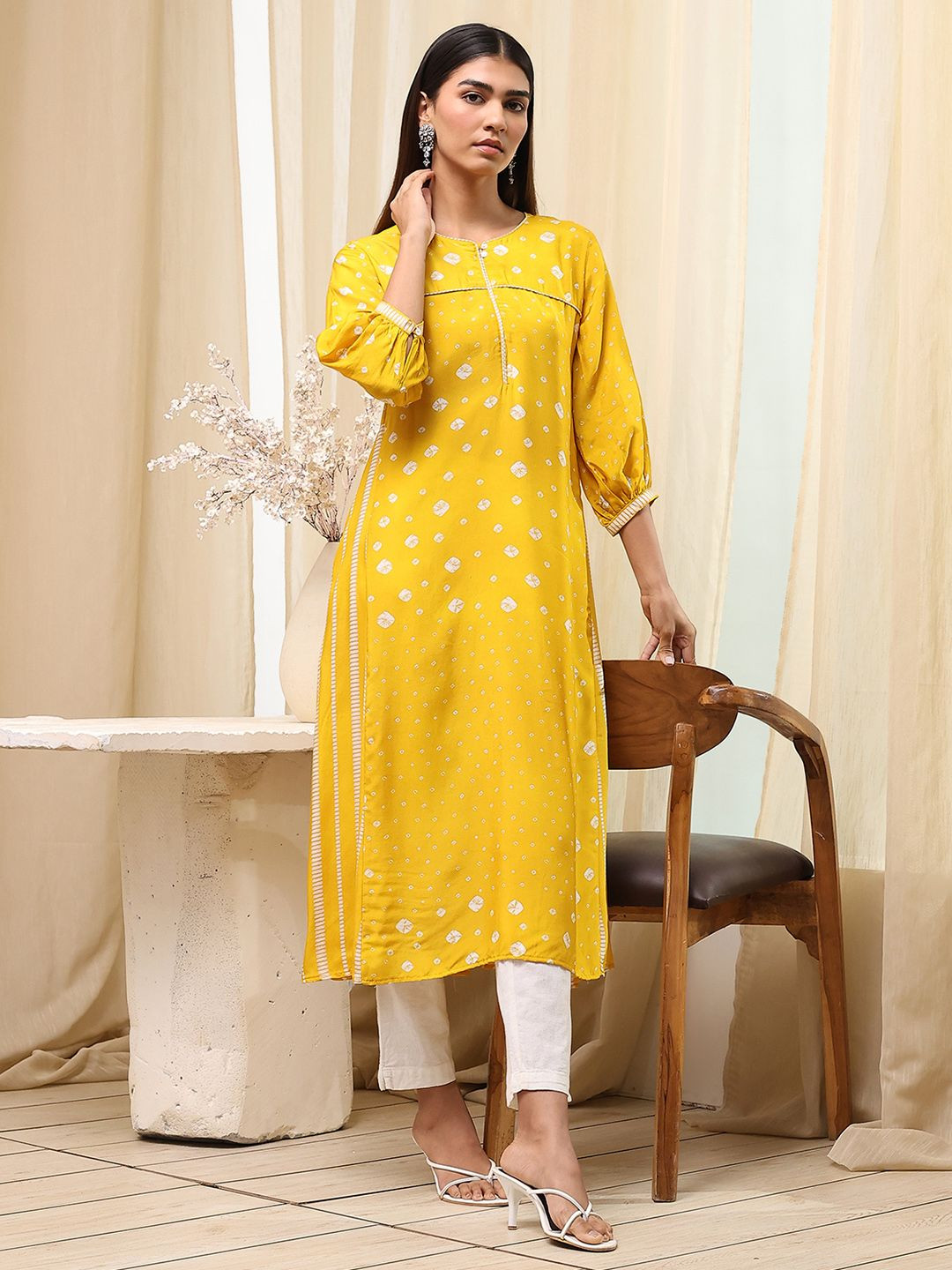 Biba Bandhani Printed Notch Neck A-Line Kurta