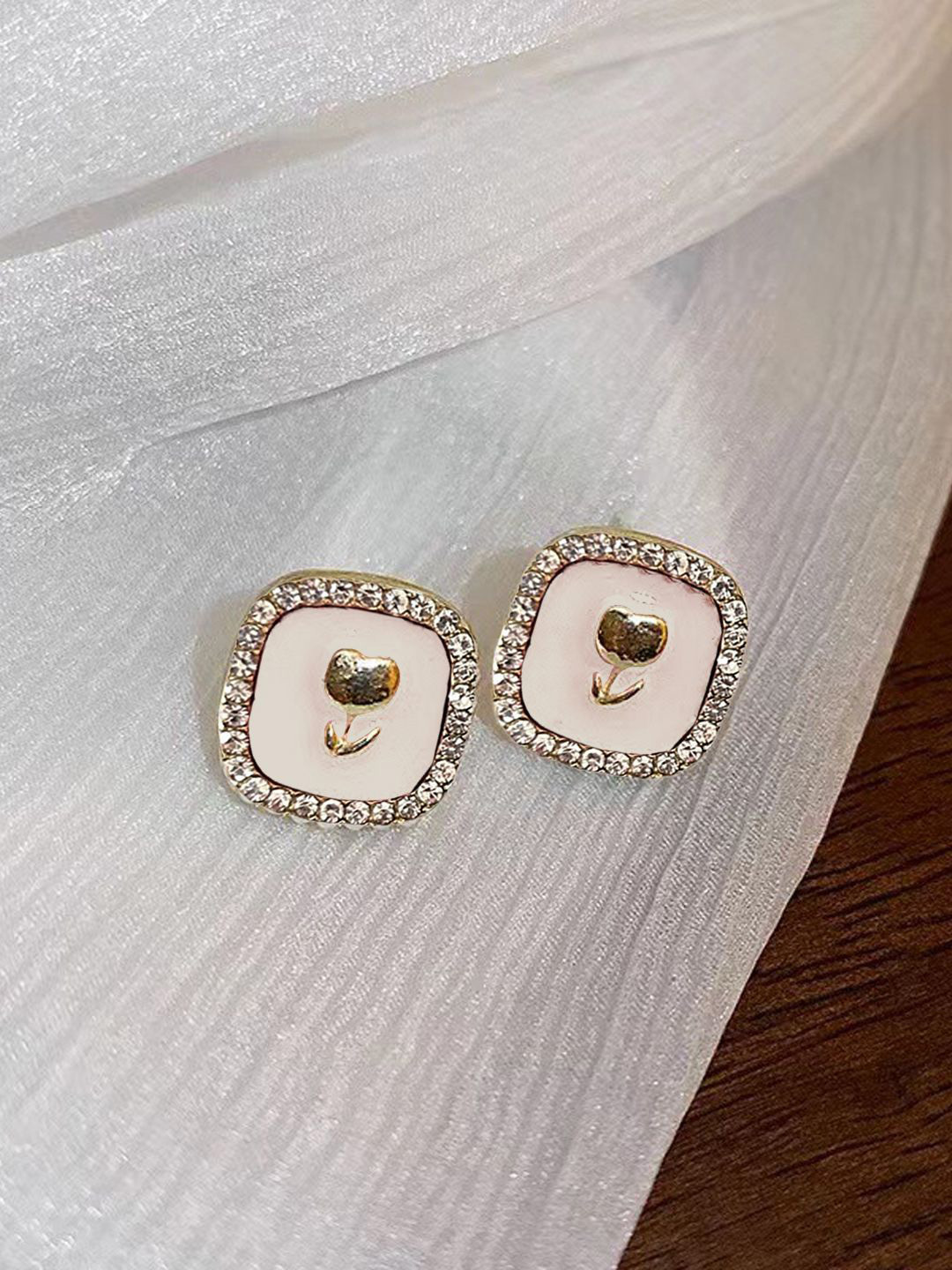 VAGHBHATT Gold-Plated Crystals Studded Accents Ivory Square Tulip Studs