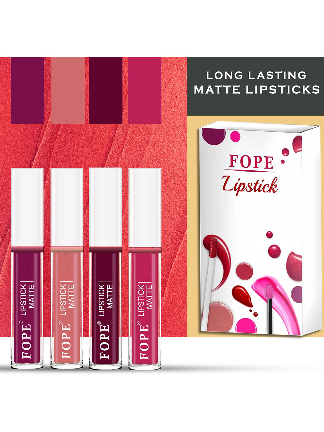 FOPE Set Of 4 Liquid Lipstick-4 ml Each-Plum Velvet 1-Pastle Red 7-Maroon 8-Brunt Pink 10