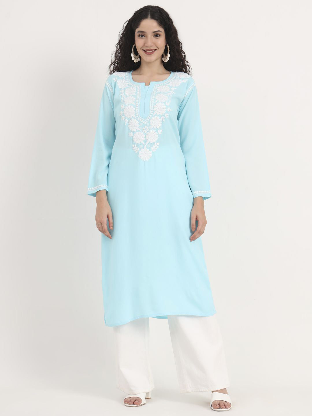The Chikan Label Sabreen Floral Yoke Design Chikankari Straight Kurta