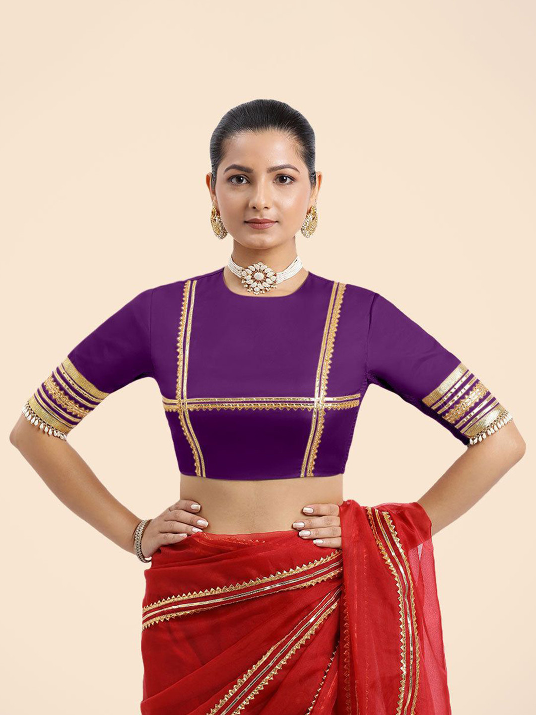 Purple Stretchable Designer Silk Gota Patti Round-Neck Elbow Sleeves Blouse