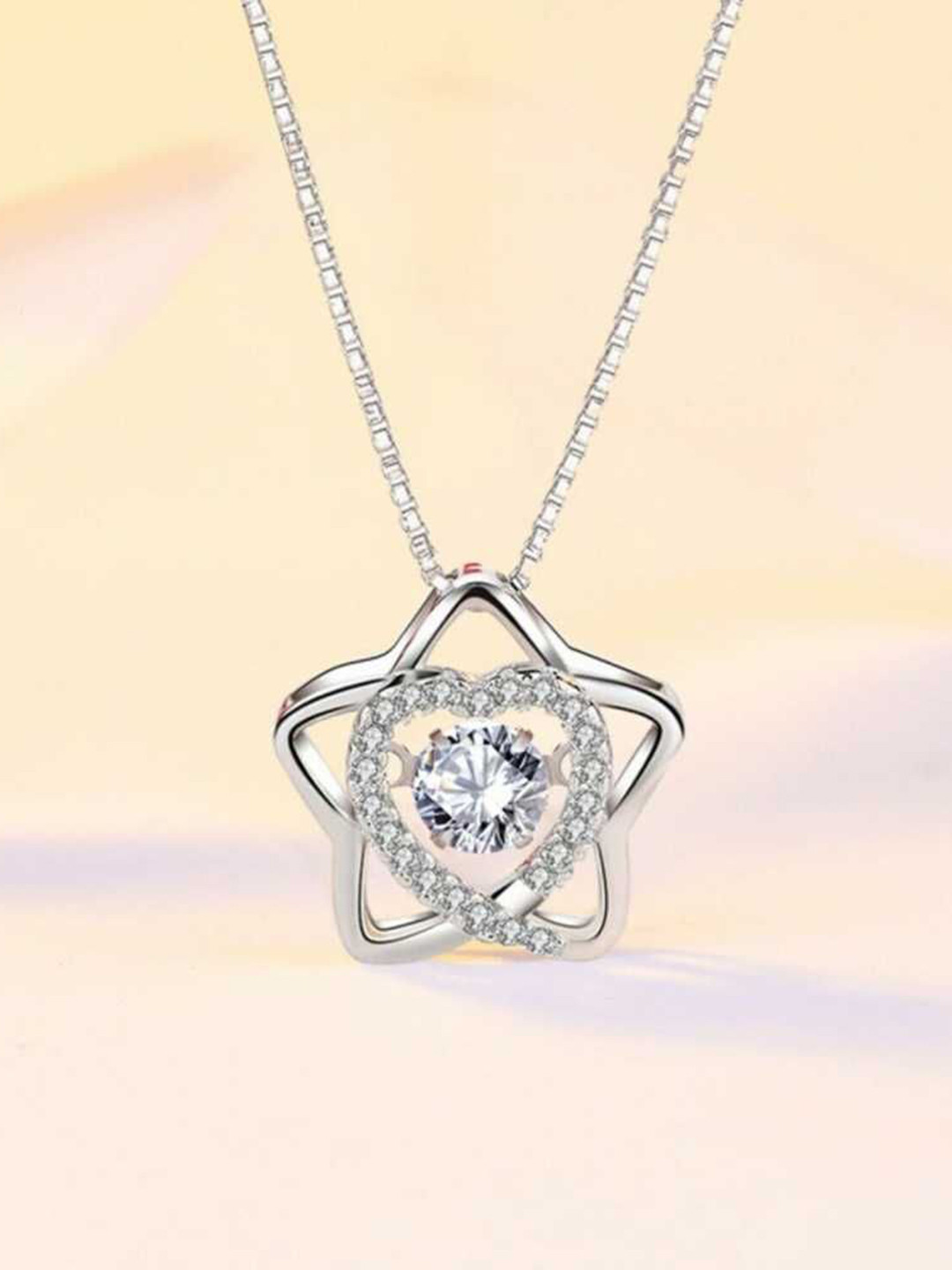 Bling Queen Silver-Plated Stainless Steel Heart Shaped Zirconia Studded Pendant With Chain