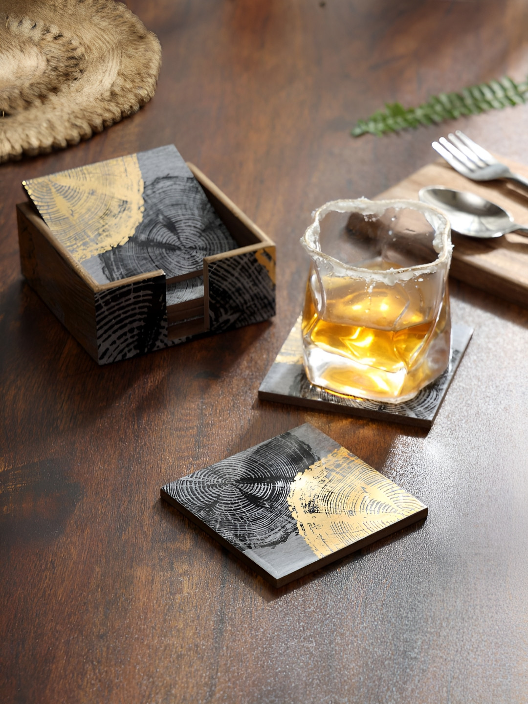 DULI 6-Pcs Grey & Black Printed Waterproof Wooden Coasters