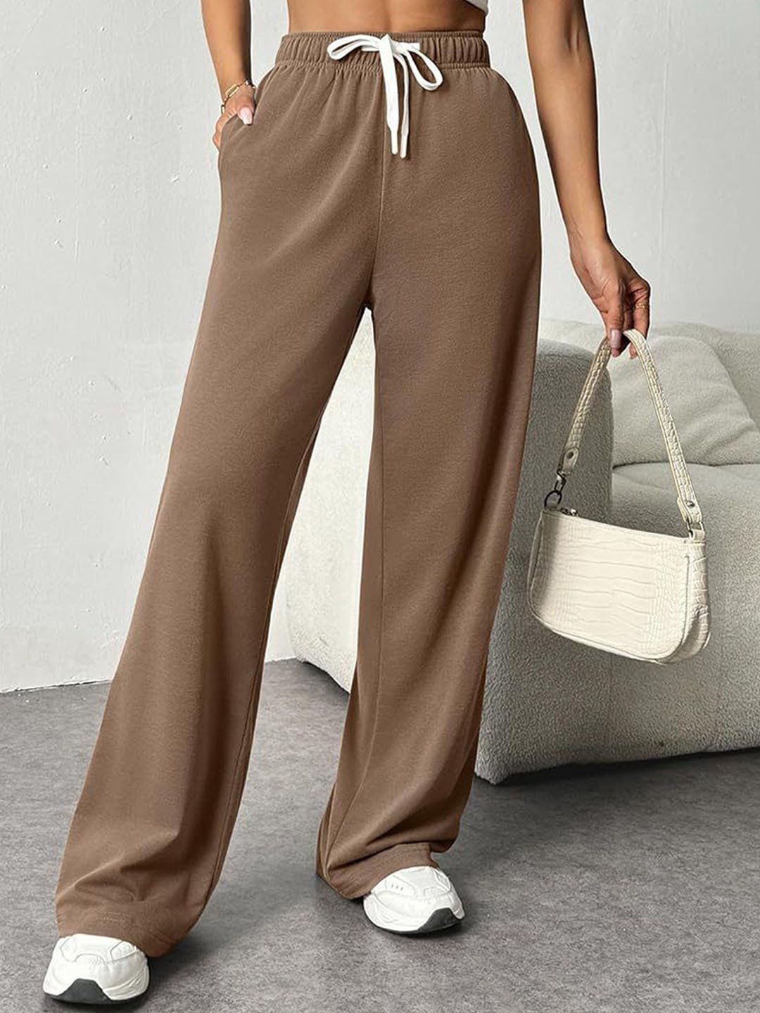 Outzidr Women Brown Waist Tie Up Sweatpants