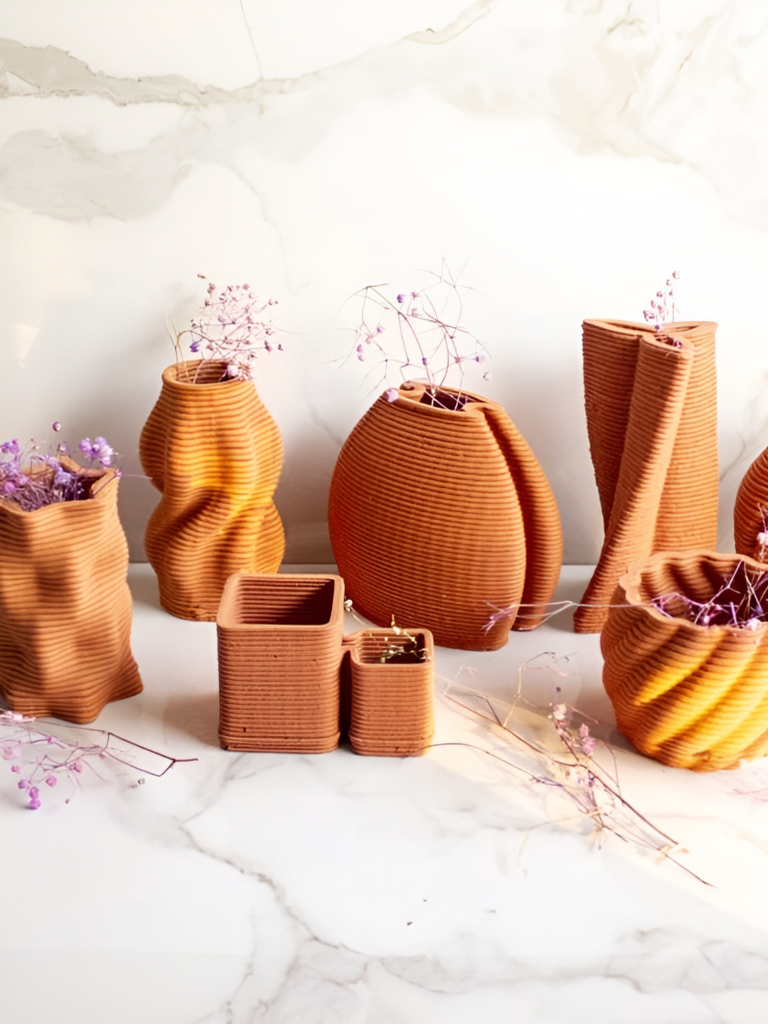 BYORA Orange-Color Ribbed Terracotta Vase