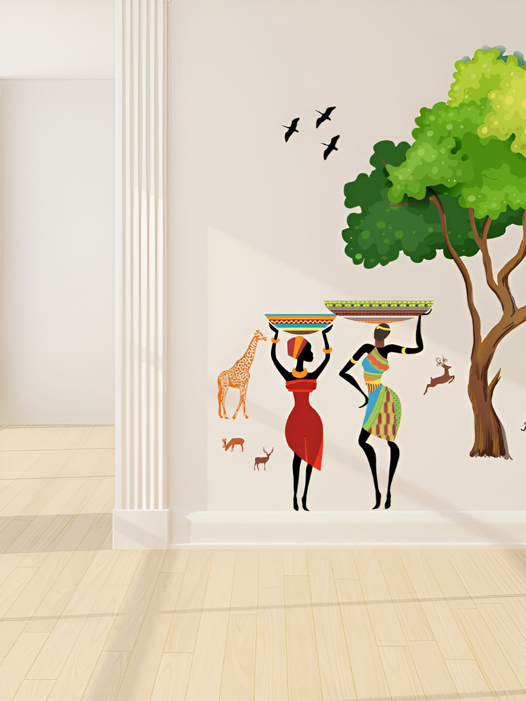 LANSTICK Green & Black Tree With People Self Adhesive Wall Sticker