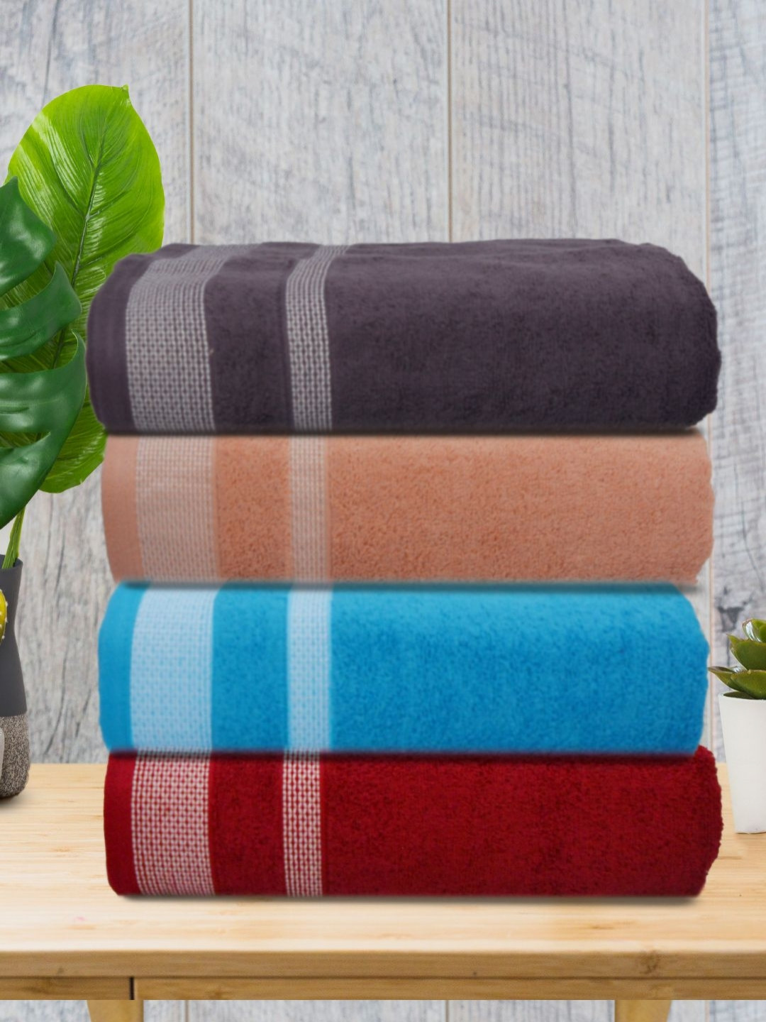 Myntra Elegant Homes Black & Purple 4 Pieces Striped 500 GSM Cotton Towel Set