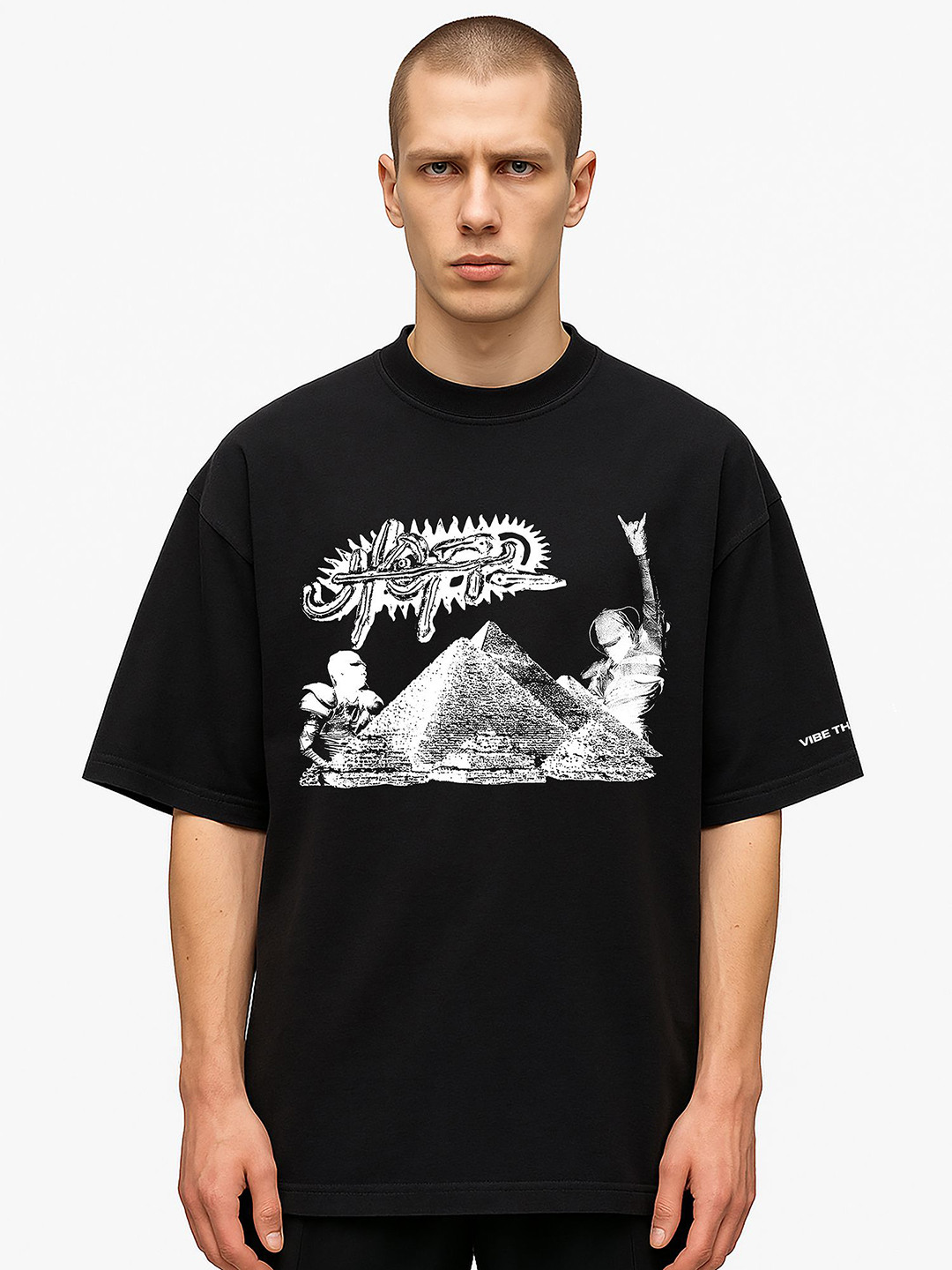 Vibe The Hype Graphic Printed Drop-Shoulder Sleeves Oversized Cotton T-shirt