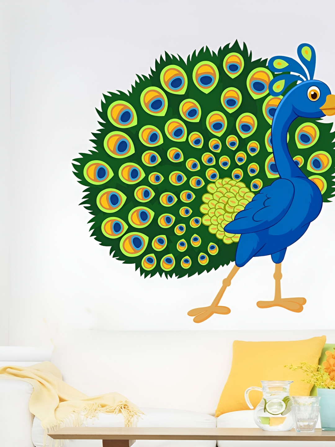 LANSTICK Blue & Green Beautiful Peacock Art Self Adhesive Wall Sticker