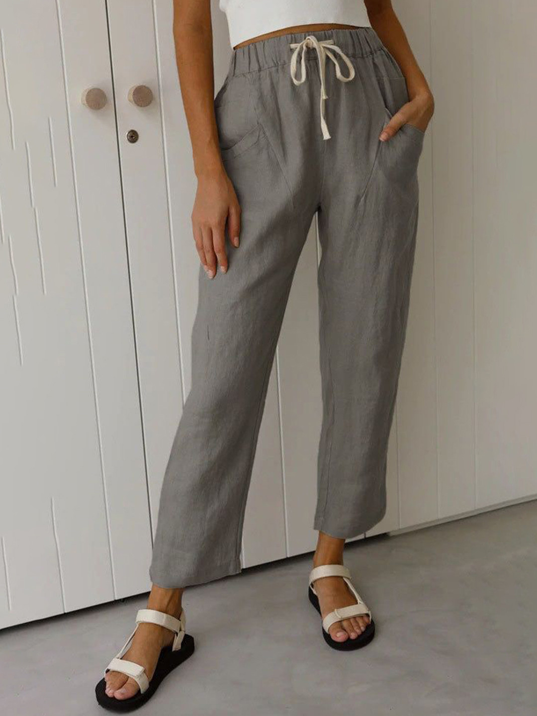 Outzidr Women Classic Waist Tie Up Narrow Leg Trouser