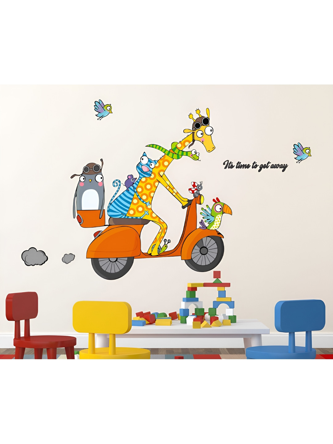 LANSTICK Red & Blue Animals With Bike Ride  Self Adhesive Wall Sticker