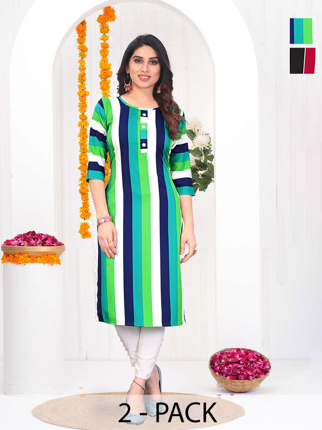 Moda Rapido WomenPack of 2Striped Printed Crepe Kurta