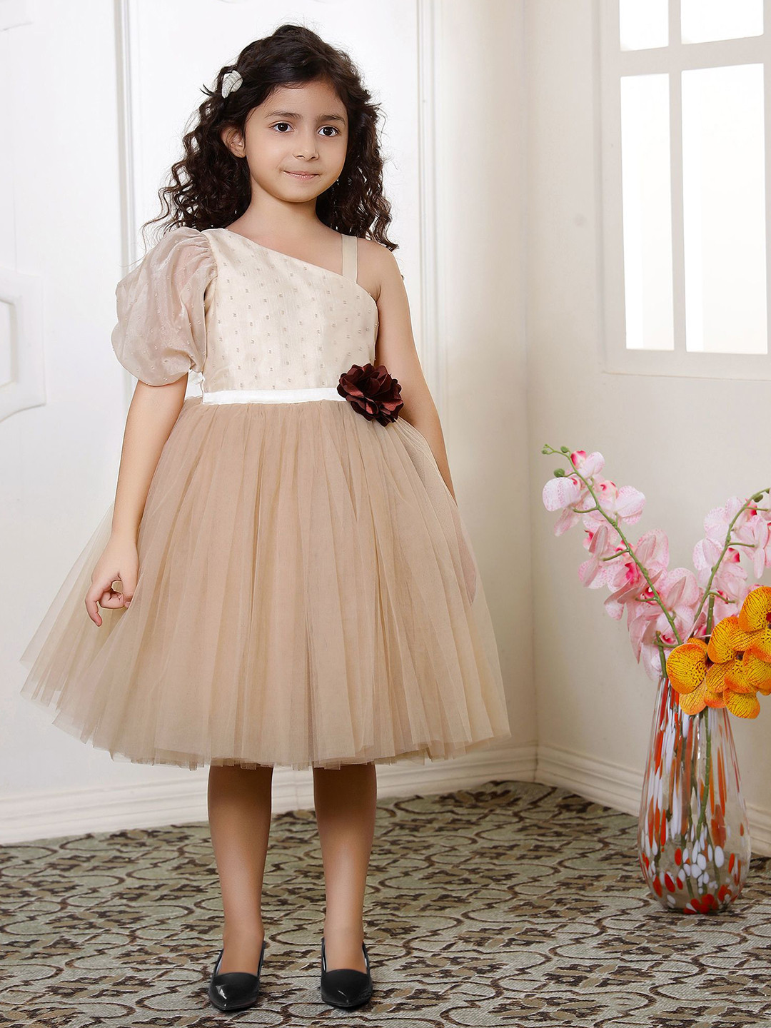 Toy Balloon Kids-Firls Puff Sleeve Net Fit & Flare Dress
