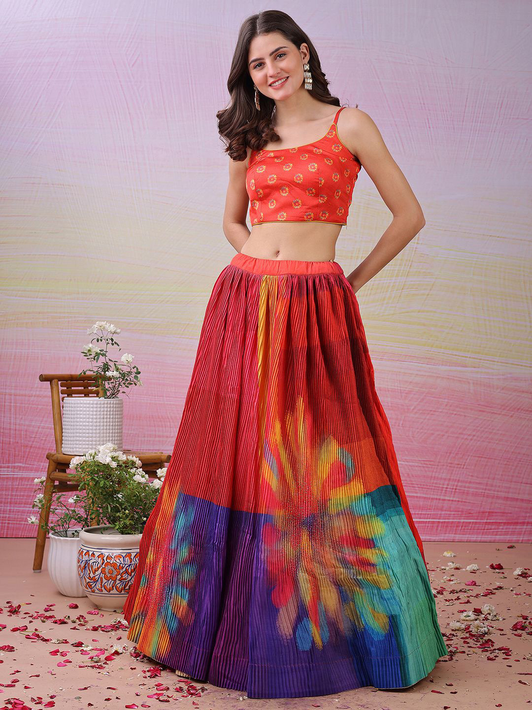 SAPTRANGI Printed Beaded Semi-Stitched Lehenga And Unstitched Choli With Shrug