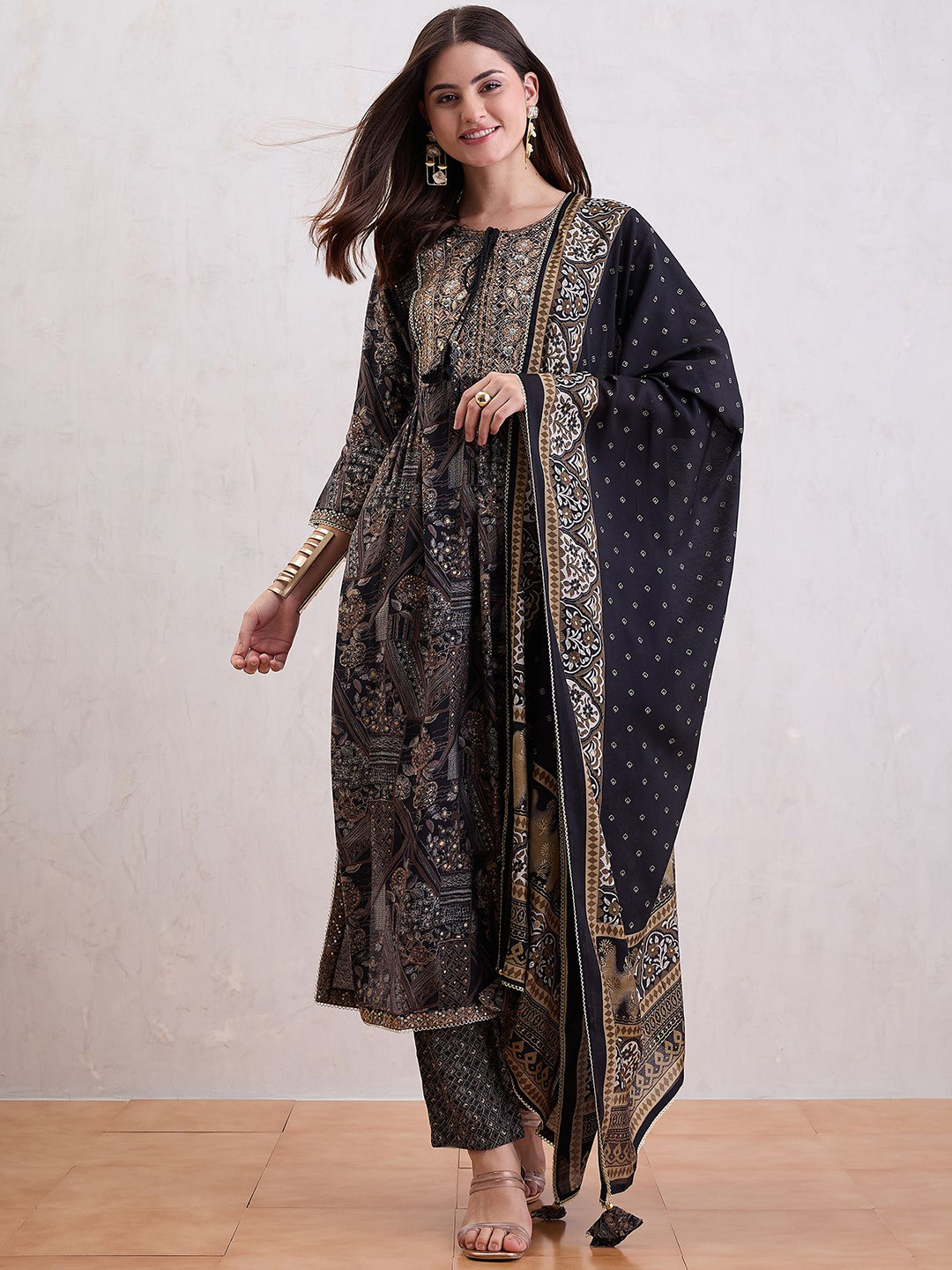 CHETI Floral Printed Mirror Work Chanderi Silk A-Line Kurta With Trousers & Dupatta