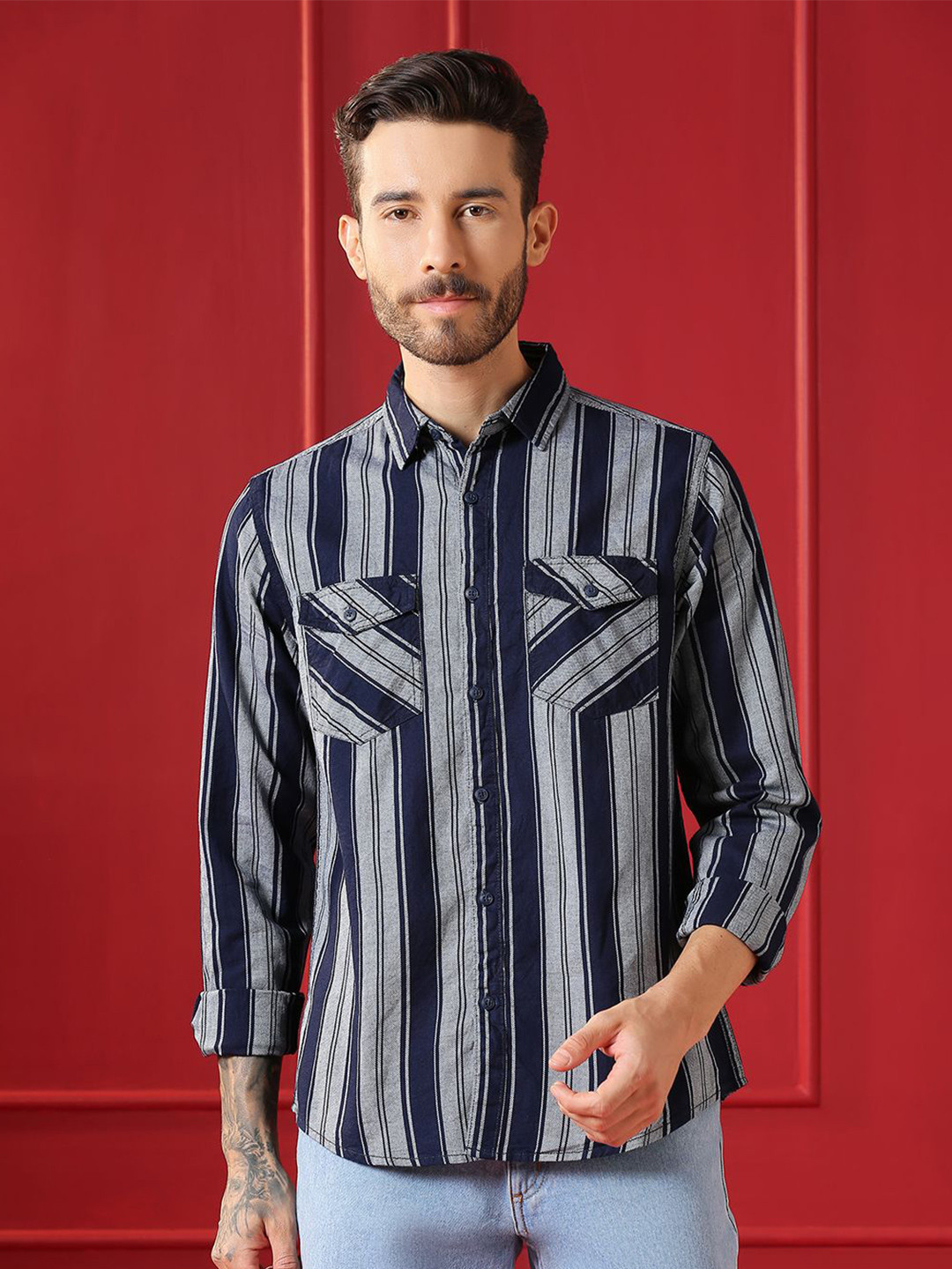 VALEN CLUB Men Vertical Striped Spread Collar Cotton Casual Shirt