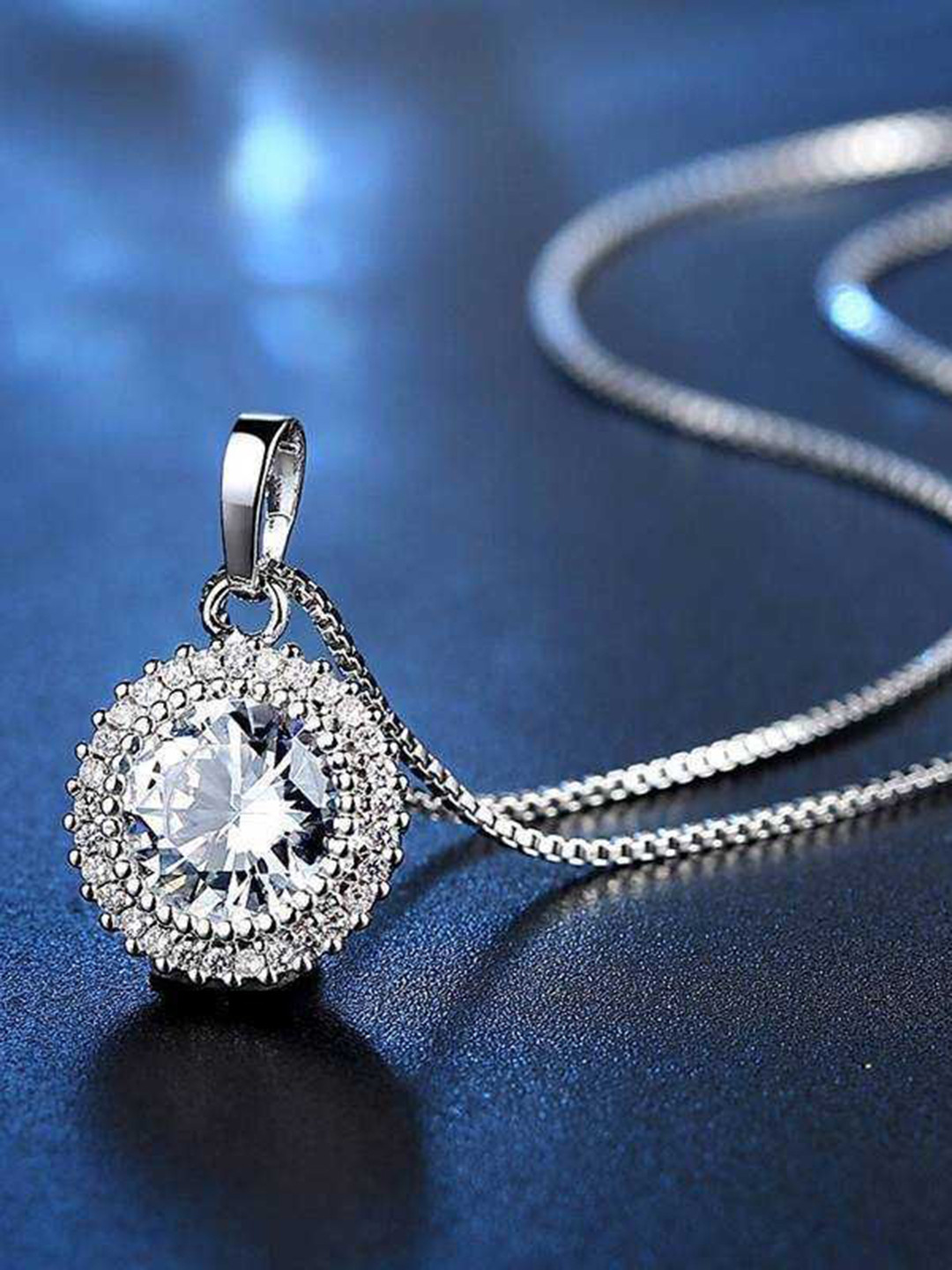 Bling Queen Silver-Plated Cubic Zirconia Studded Circular Shape Pendant With Chain