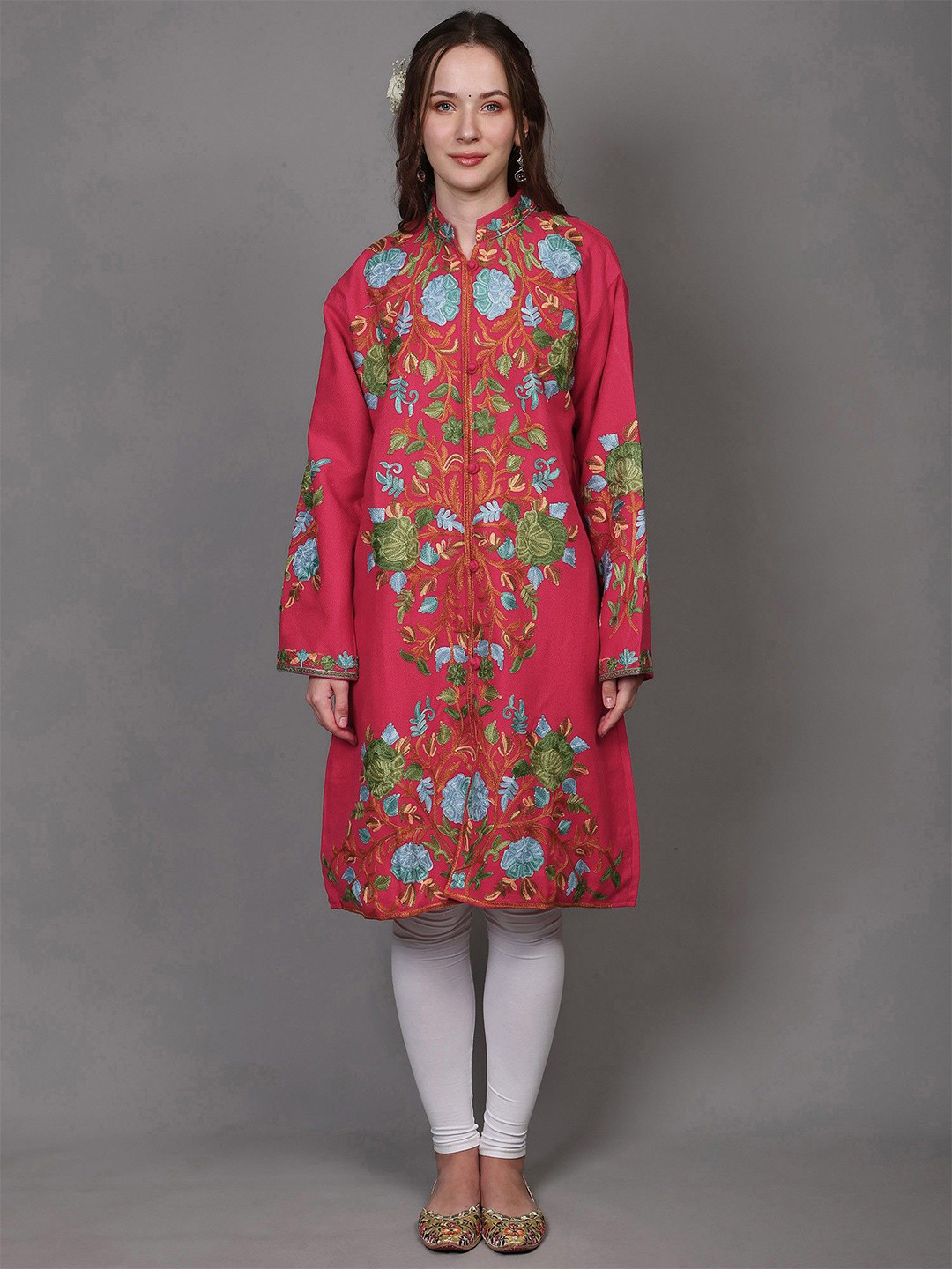 Exotic India Women Floral Woollen Long Sleeves Knitted and Woven with Embroidered Jacket