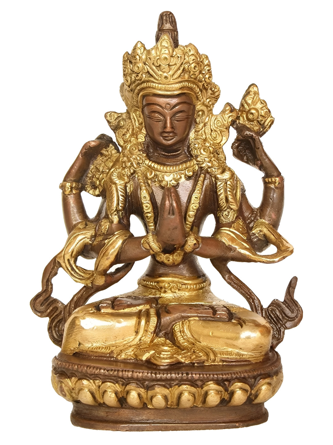 Exotic India Tibetan Buddhist Deity Chenrezig Brown Brass Metallic Home Office Medium Showpiece - 5.5 Inches