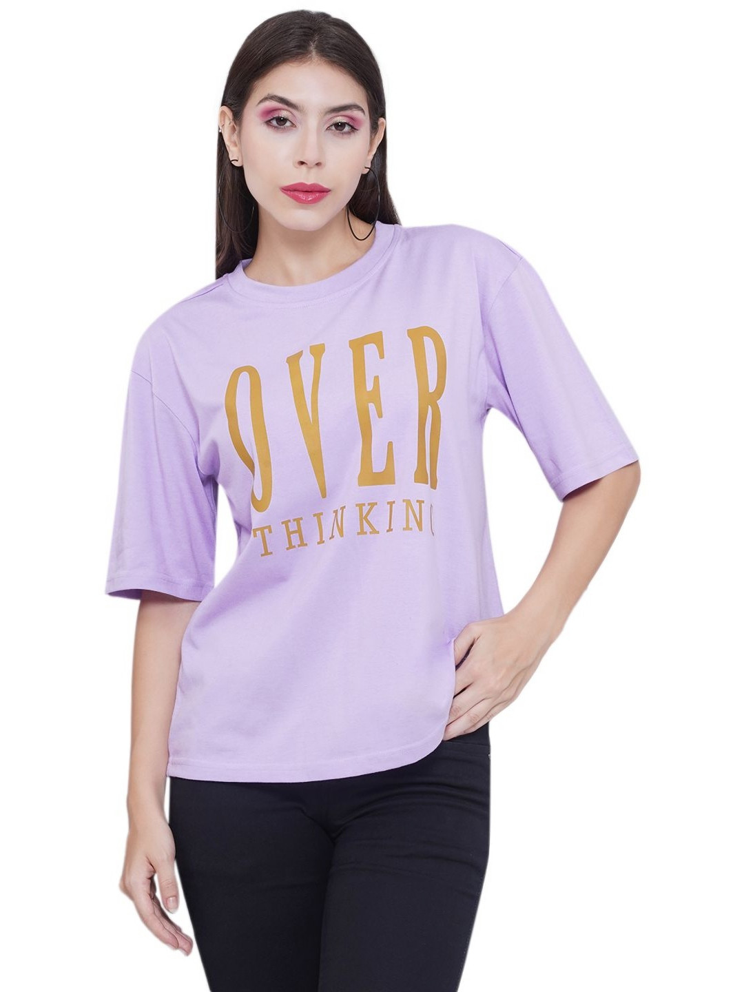 PUELLA Women Typography Printed Round Neck Relaxed Fit T-shirt