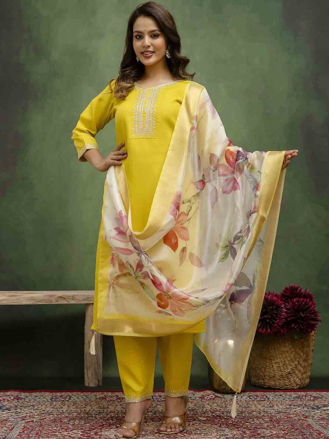 VredeVogel Women's Cotton Blend Straight Kurta Pant Set with Organza Dupatta