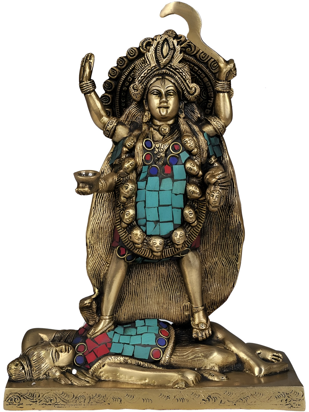 Exotic India Dakshnina Kali with inlay Work Gold Brass Metallic Prayer Room Hand Made Medium Showpiece - 11.1 Inches