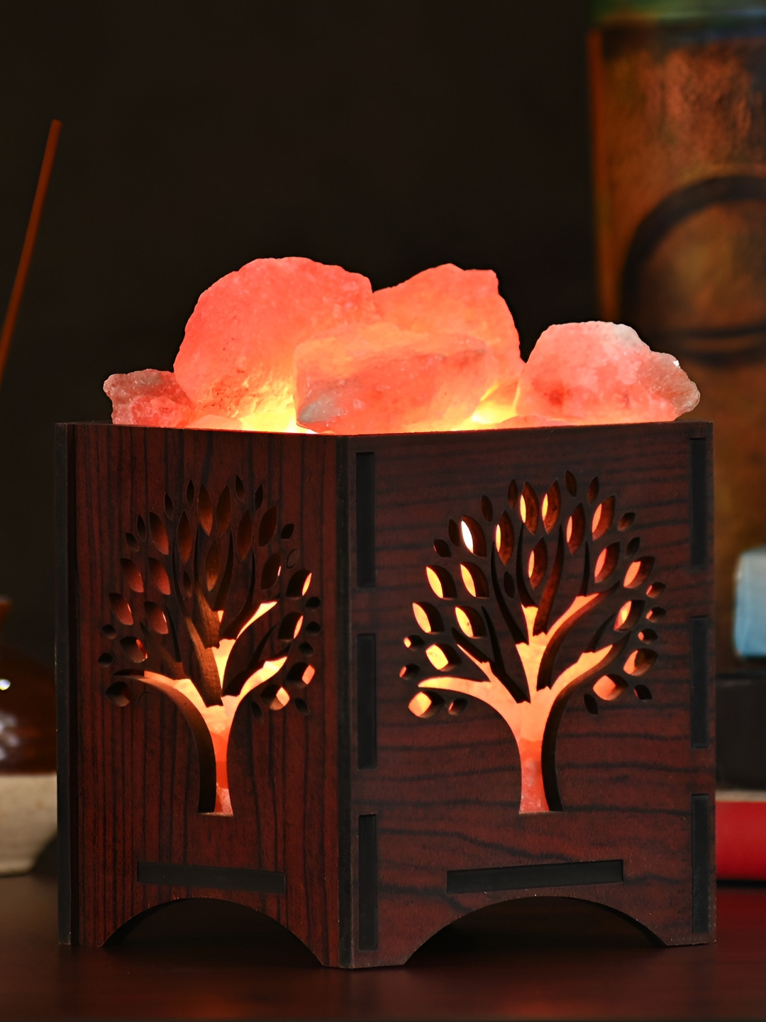 GLOBAL AROMA Basket Rock Salt Brown Wooden Wish Tree Square Table Lamp