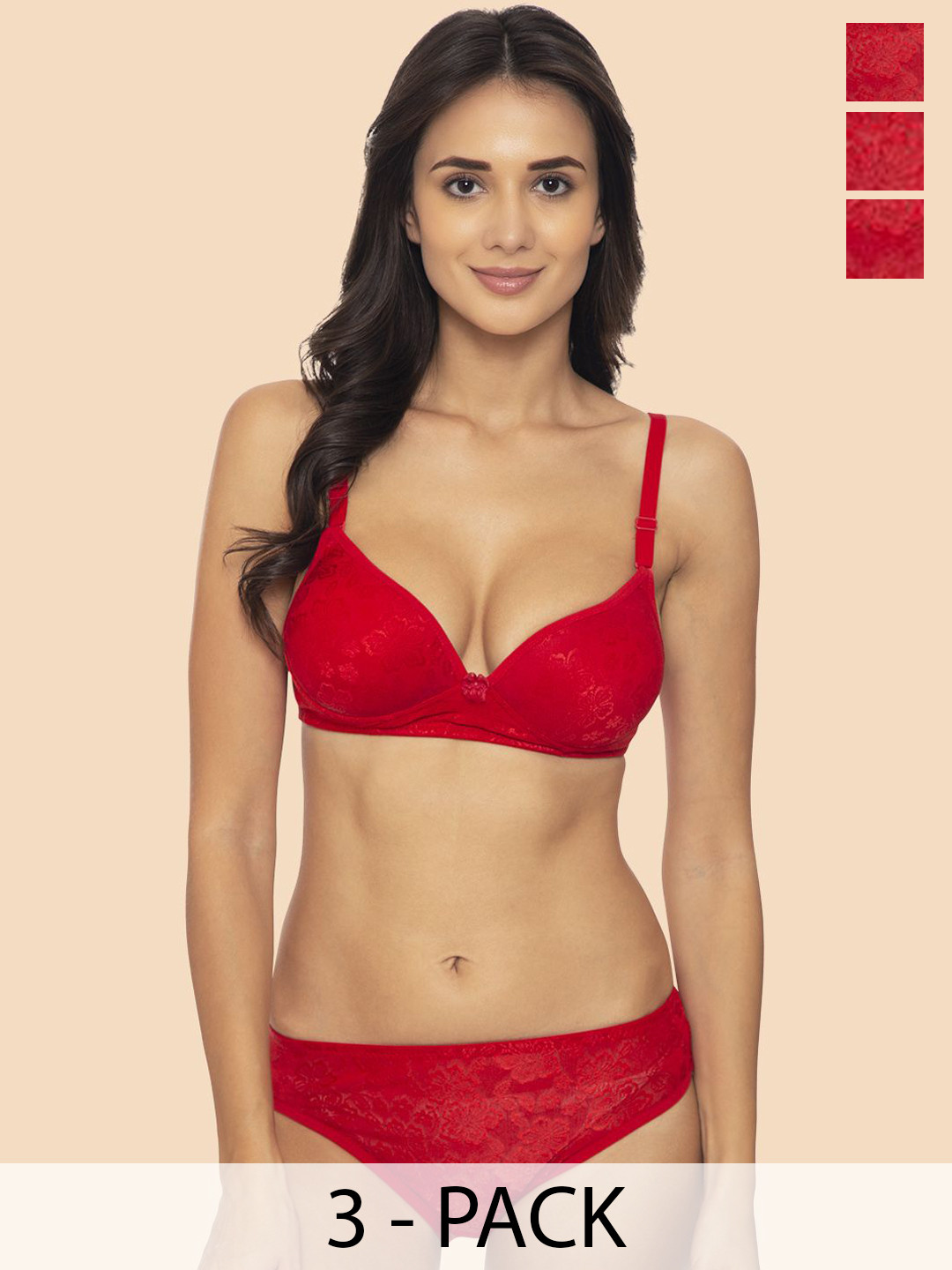 Tweens Pack Of 3 Self-Design Heavily-Padded Lingerie Set TW-93601-RD-3PC-32B_VS0425