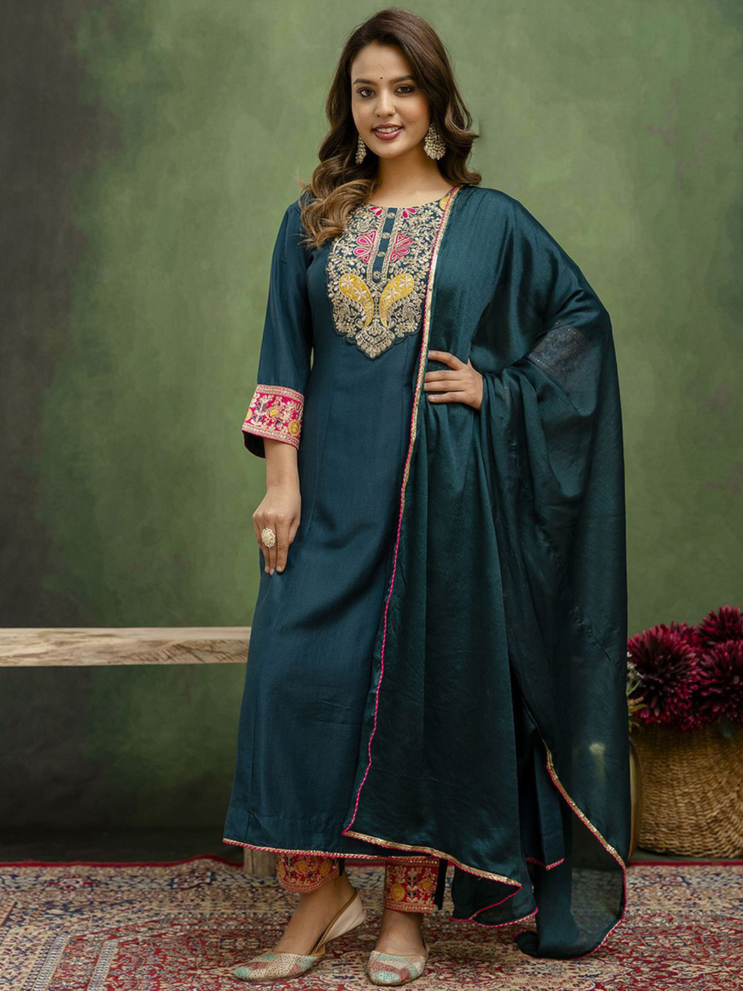 VredeVogel Women's Anarkali Kurta with Pant & Chinon Dupatta Set