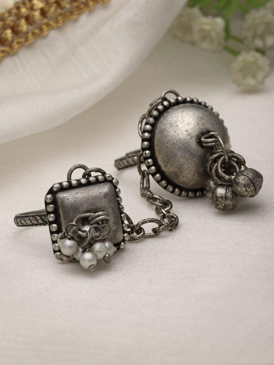 Moedbuille Silver Plated Oxidised Ghungroo Studded Connected Finger Ring